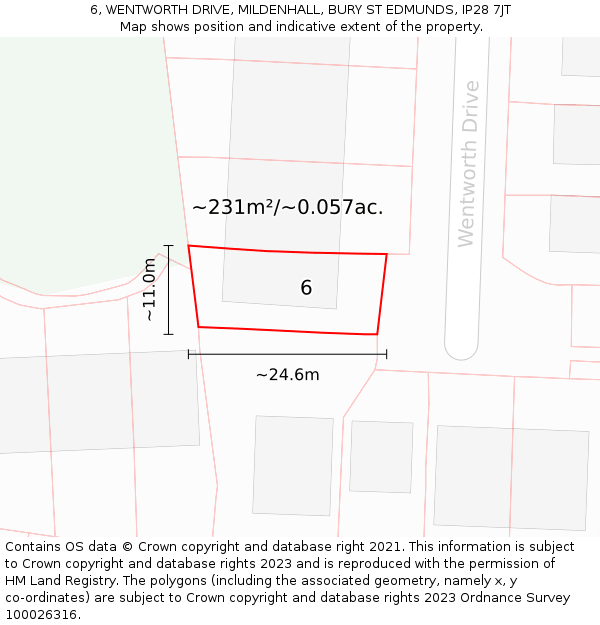 6, WENTWORTH DRIVE, MILDENHALL, BURY ST EDMUNDS, IP28 7JT: Plot and title map