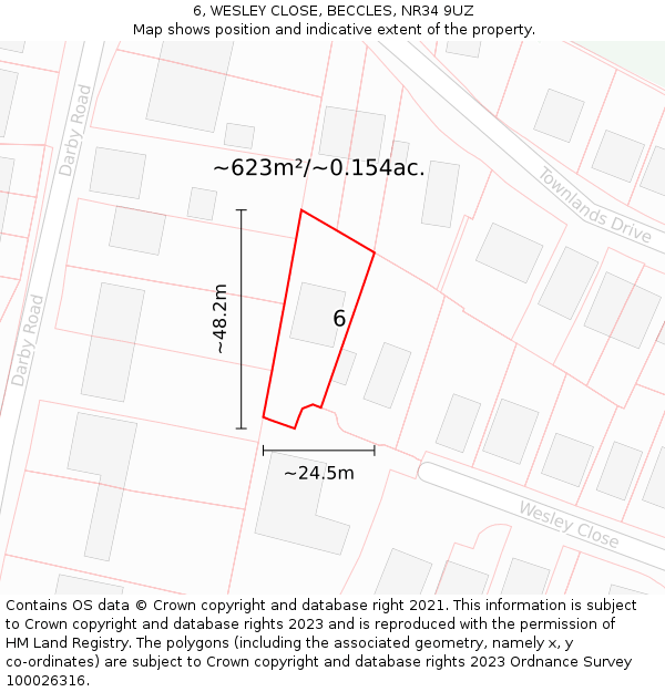 6, WESLEY CLOSE, BECCLES, NR34 9UZ: Plot and title map