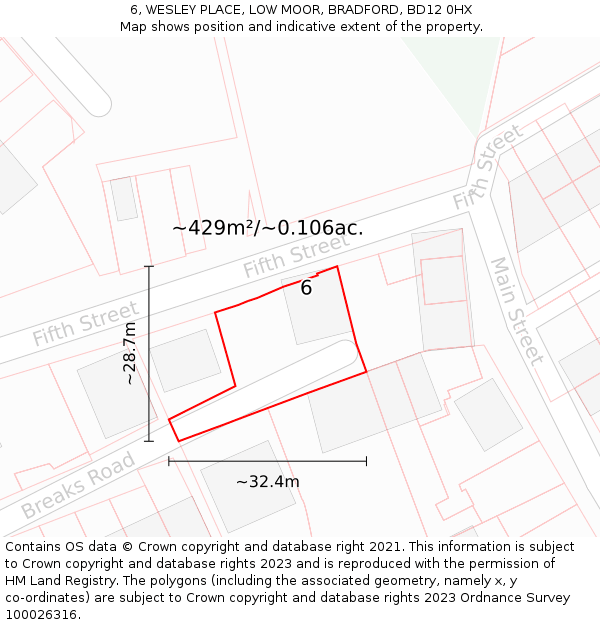6, WESLEY PLACE, LOW MOOR, BRADFORD, BD12 0HX: Plot and title map
