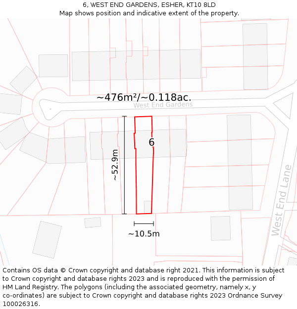 6, WEST END GARDENS, ESHER, KT10 8LD: Plot and title map