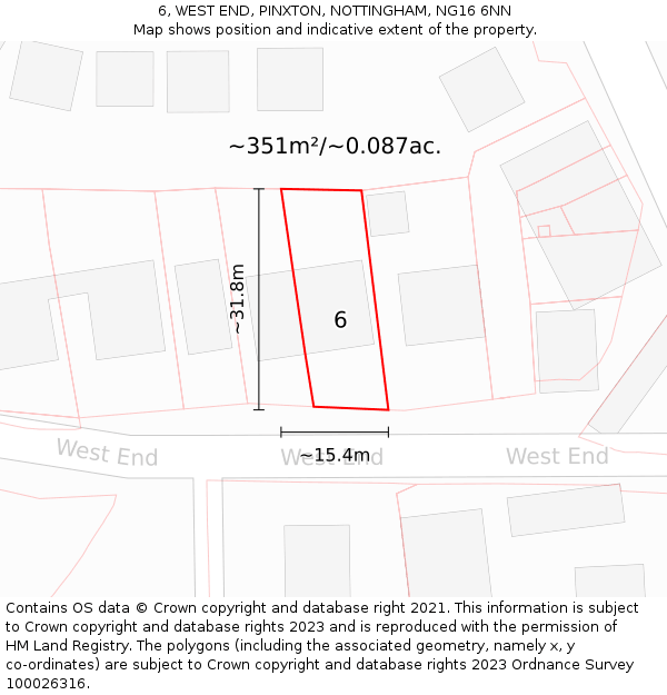 6, WEST END, PINXTON, NOTTINGHAM, NG16 6NN: Plot and title map