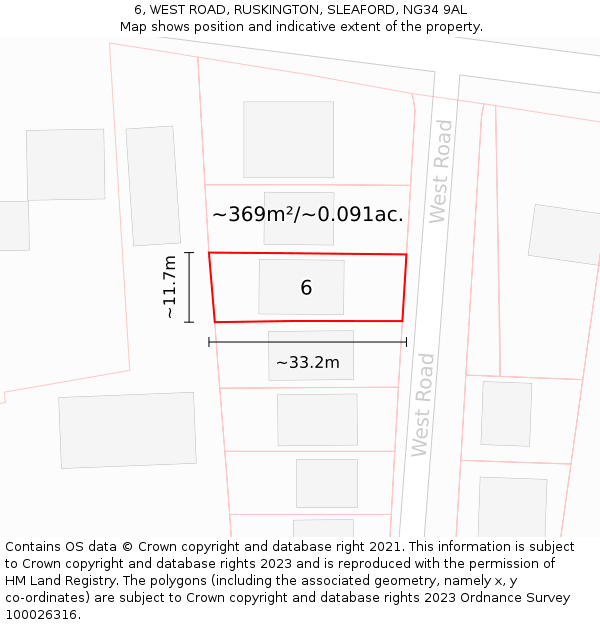 6, WEST ROAD, RUSKINGTON, SLEAFORD, NG34 9AL: Plot and title map