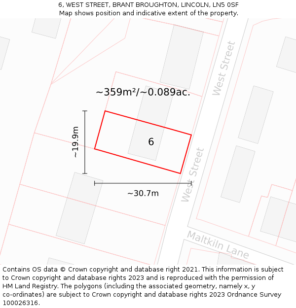 6, WEST STREET, BRANT BROUGHTON, LINCOLN, LN5 0SF: Plot and title map