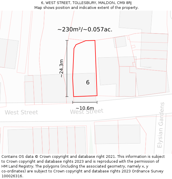 6, WEST STREET, TOLLESBURY, MALDON, CM9 8RJ: Plot and title map