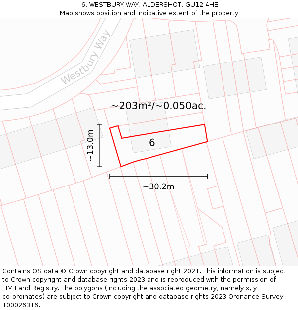 6, WESTBURY WAY, ALDERSHOT, GU12 4HE: Plot and title map