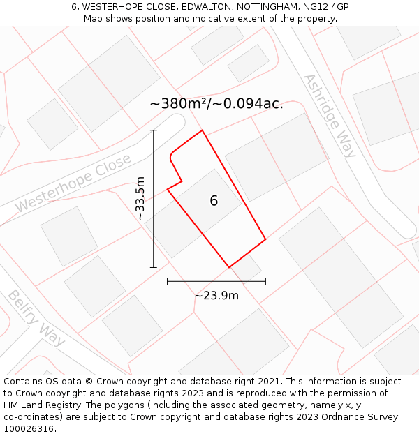 6, WESTERHOPE CLOSE, EDWALTON, NOTTINGHAM, NG12 4GP: Plot and title map