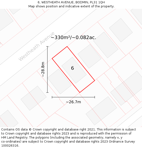 6, WESTHEATH AVENUE, BODMIN, PL31 1QH: Plot and title map