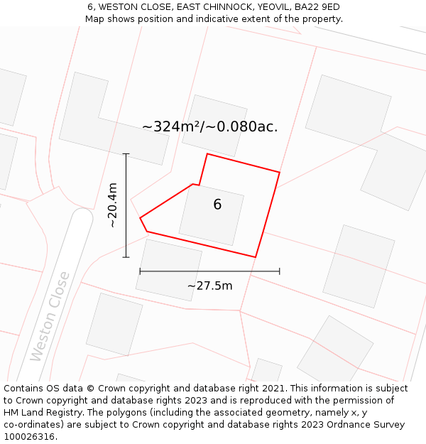 6, WESTON CLOSE, EAST CHINNOCK, YEOVIL, BA22 9ED: Plot and title map