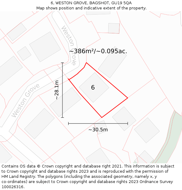 6, WESTON GROVE, BAGSHOT, GU19 5QA: Plot and title map