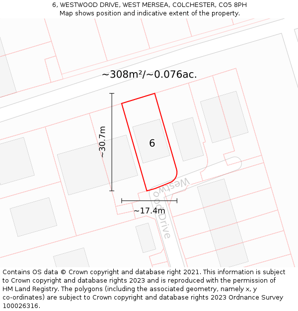 6, WESTWOOD DRIVE, WEST MERSEA, COLCHESTER, CO5 8PH: Plot and title map