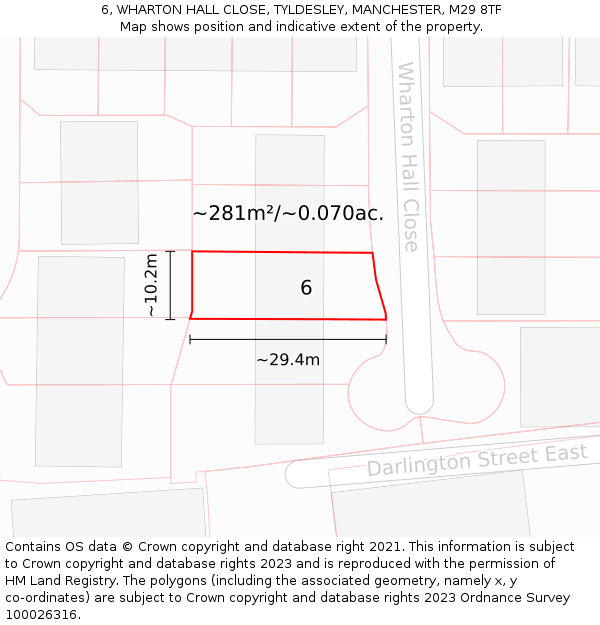 6, WHARTON HALL CLOSE, TYLDESLEY, MANCHESTER, M29 8TF: Plot and title map