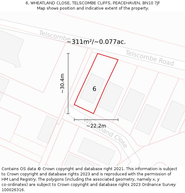 6, WHEATLAND CLOSE, TELSCOMBE CLIFFS, PEACEHAVEN, BN10 7JF: Plot and title map