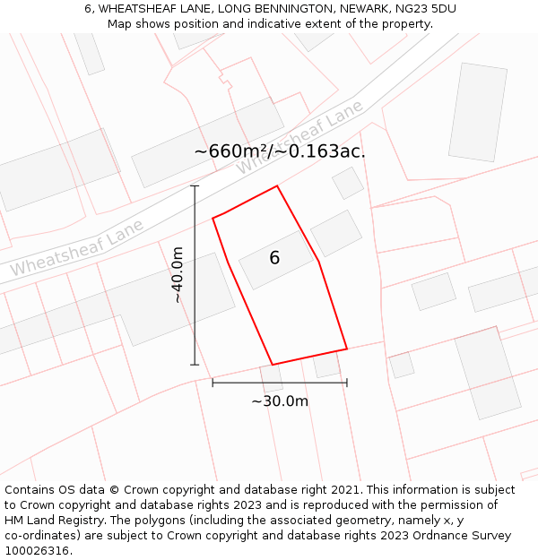 6, WHEATSHEAF LANE, LONG BENNINGTON, NEWARK, NG23 5DU: Plot and title map