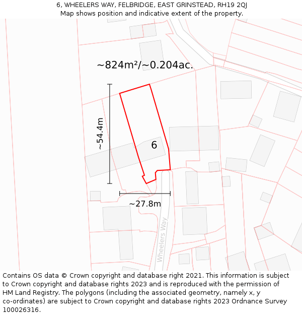 6, WHEELERS WAY, FELBRIDGE, EAST GRINSTEAD, RH19 2QJ: Plot and title map