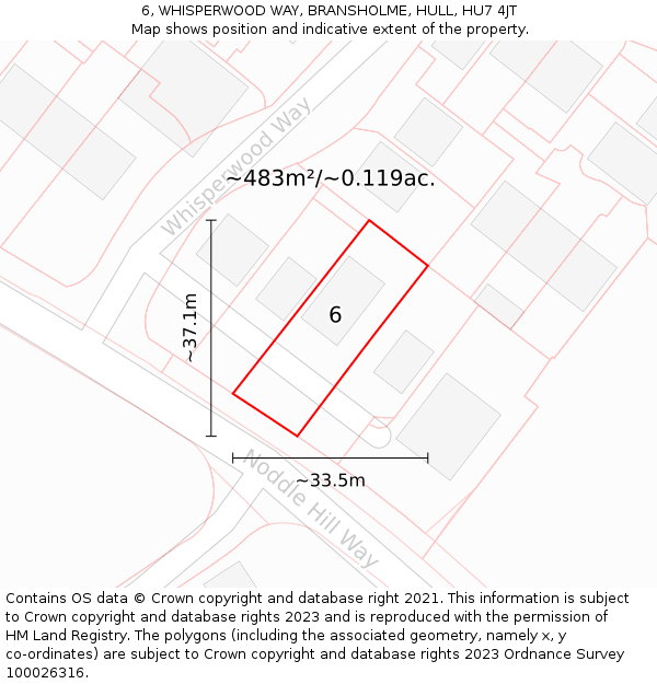 6, WHISPERWOOD WAY, BRANSHOLME, HULL, HU7 4JT: Plot and title map