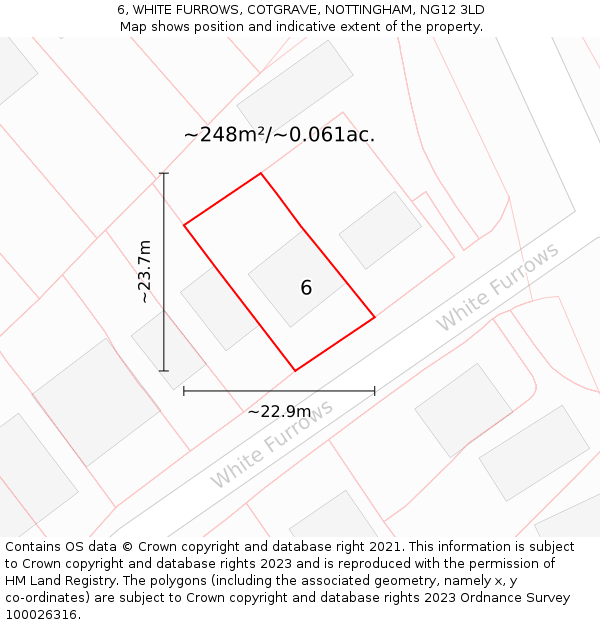 6, WHITE FURROWS, COTGRAVE, NOTTINGHAM, NG12 3LD: Plot and title map