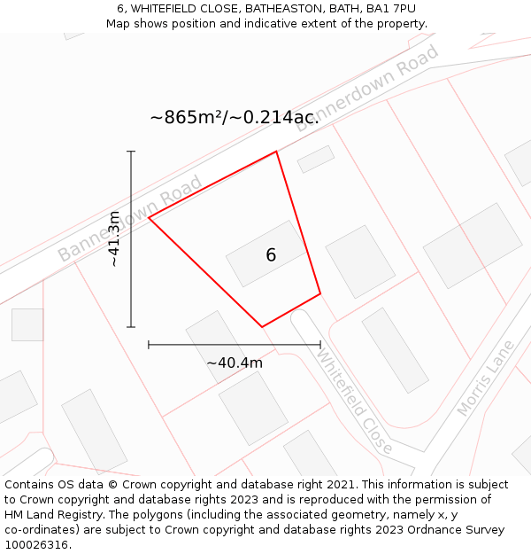 6, WHITEFIELD CLOSE, BATHEASTON, BATH, BA1 7PU: Plot and title map