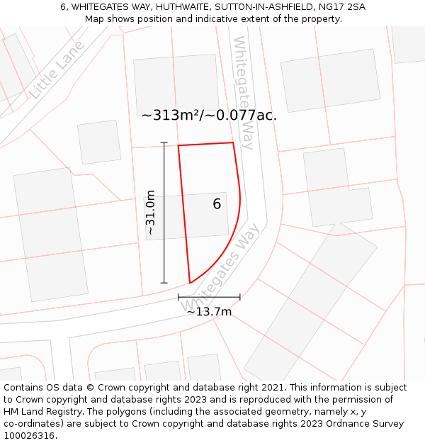 6, WHITEGATES WAY, HUTHWAITE, SUTTON-IN-ASHFIELD, NG17 2SA: Plot and title map