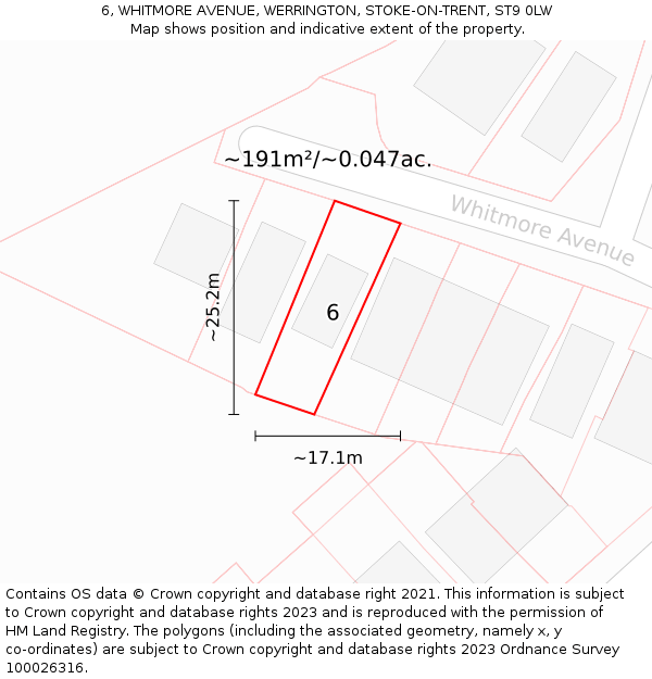 6, WHITMORE AVENUE, WERRINGTON, STOKE-ON-TRENT, ST9 0LW: Plot and title map
