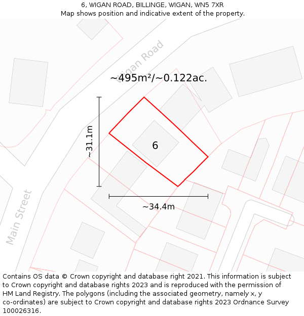 6, WIGAN ROAD, BILLINGE, WIGAN, WN5 7XR: Plot and title map