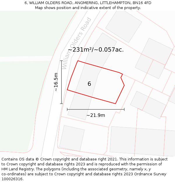 6, WILLIAM OLDERS ROAD, ANGMERING, LITTLEHAMPTON, BN16 4FD: Plot and title map