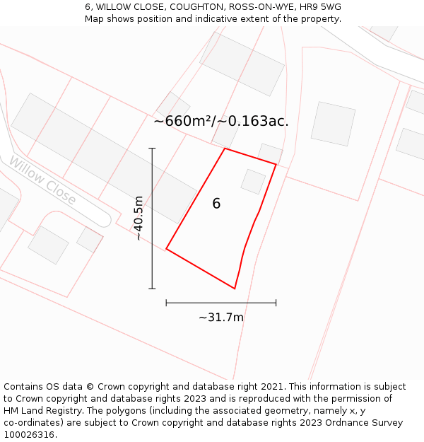 6, WILLOW CLOSE, COUGHTON, ROSS-ON-WYE, HR9 5WG: Plot and title map