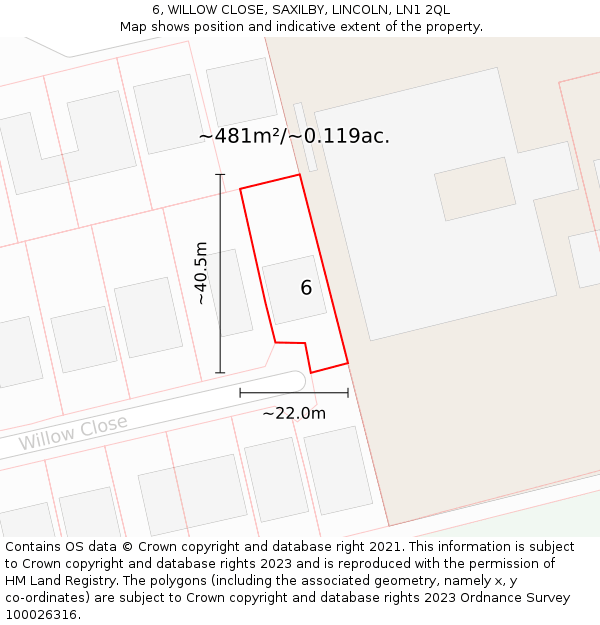 6, WILLOW CLOSE, SAXILBY, LINCOLN, LN1 2QL: Plot and title map