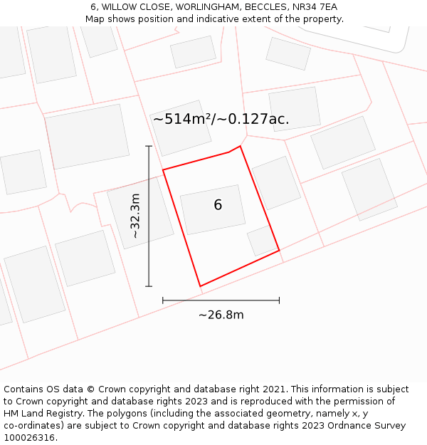 6, WILLOW CLOSE, WORLINGHAM, BECCLES, NR34 7EA: Plot and title map