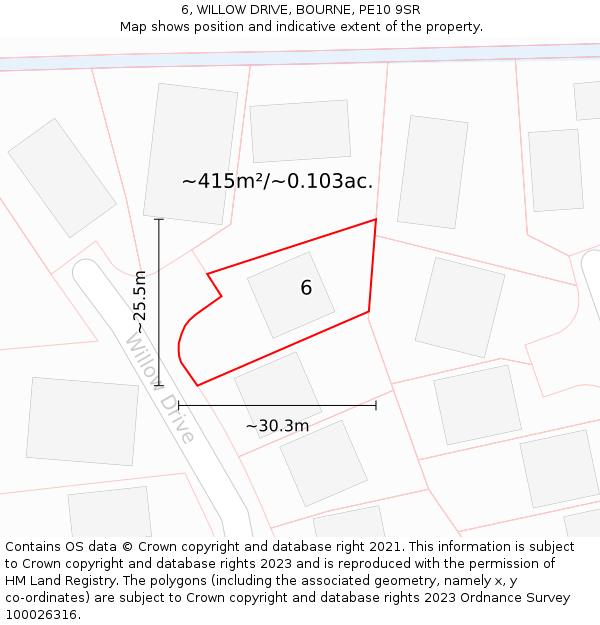 6, WILLOW DRIVE, BOURNE, PE10 9SR: Plot and title map