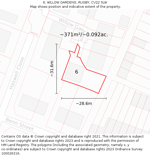 6, WILLOW GARDENS, RUGBY, CV22 5LW: Plot and title map