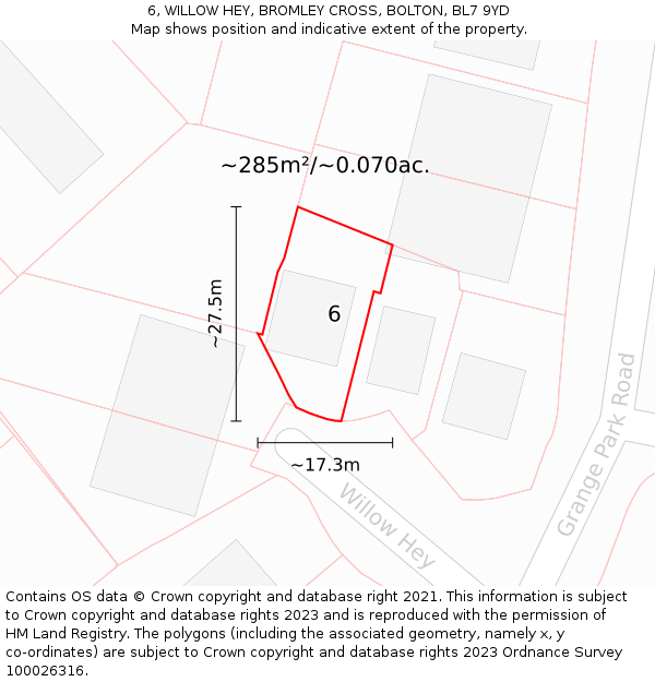 6, WILLOW HEY, BROMLEY CROSS, BOLTON, BL7 9YD: Plot and title map