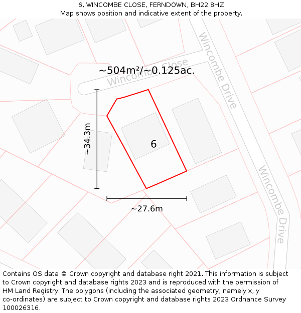 6, WINCOMBE CLOSE, FERNDOWN, BH22 8HZ: Plot and title map