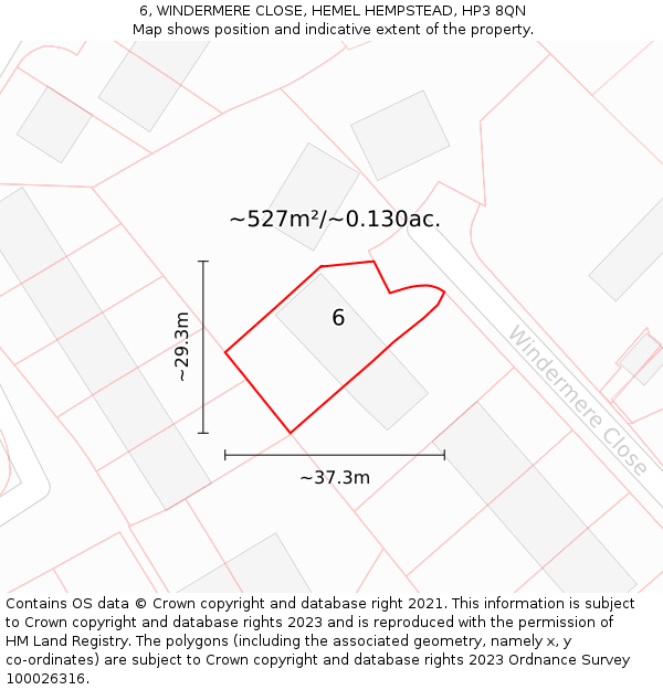 6, WINDERMERE CLOSE, HEMEL HEMPSTEAD, HP3 8QN: Plot and title map