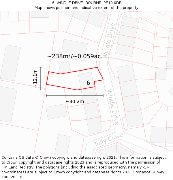 6, WINDLE DRIVE, BOURNE, PE10 0DB: Plot and title map