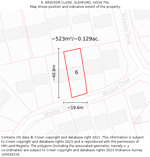 6, WINDSOR CLOSE, SLEAFORD, NG34 7NL: Plot and title map