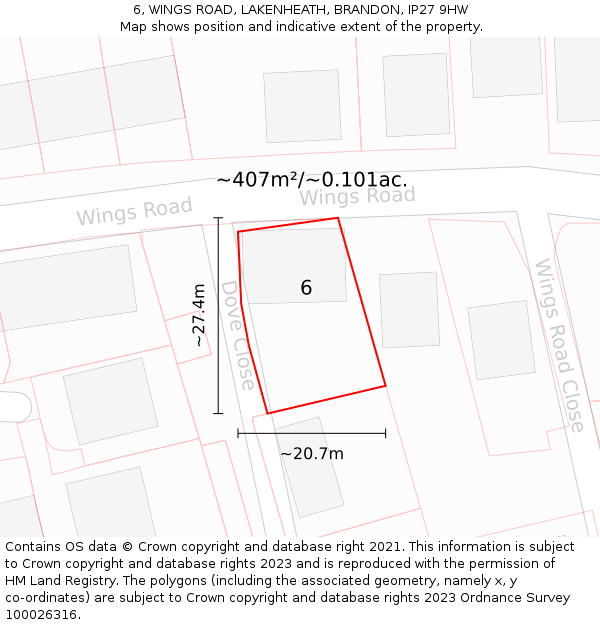 6, WINGS ROAD, LAKENHEATH, BRANDON, IP27 9HW: Plot and title map