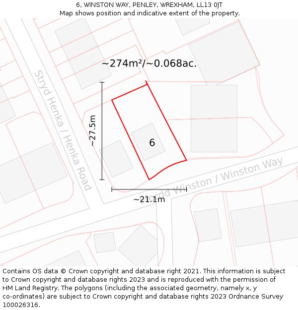 6, WINSTON WAY, PENLEY, WREXHAM, LL13 0JT: Plot and title map