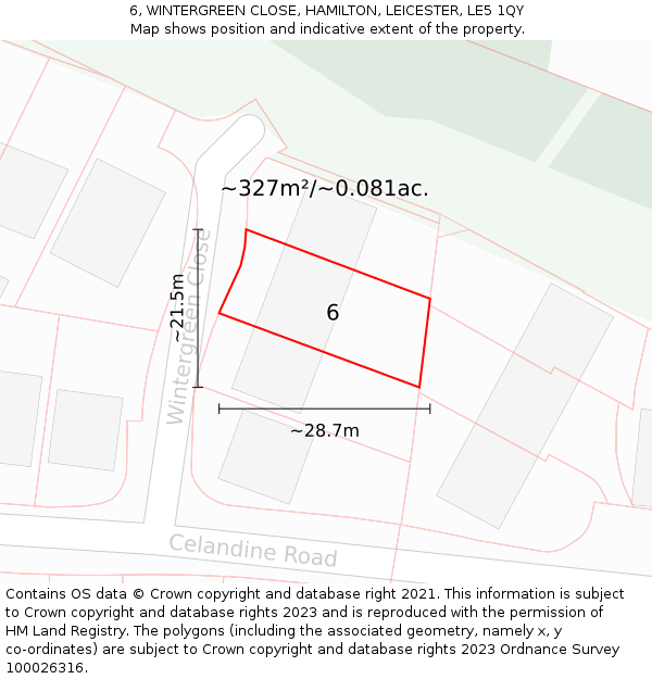 6, WINTERGREEN CLOSE, HAMILTON, LEICESTER, LE5 1QY: Plot and title map