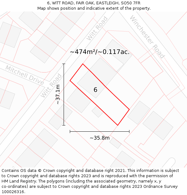 6, WITT ROAD, FAIR OAK, EASTLEIGH, SO50 7FR: Plot and title map