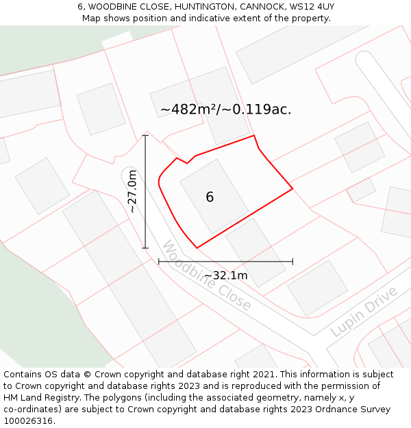 6, WOODBINE CLOSE, HUNTINGTON, CANNOCK, WS12 4UY: Plot and title map