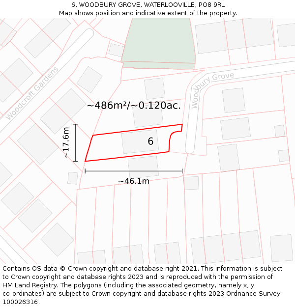 6, WOODBURY GROVE, WATERLOOVILLE, PO8 9RL: Plot and title map