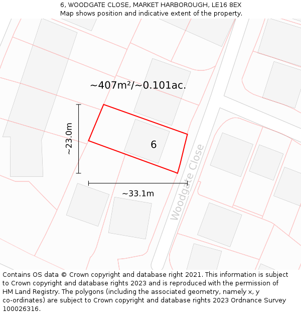 6, WOODGATE CLOSE, MARKET HARBOROUGH, LE16 8EX: Plot and title map