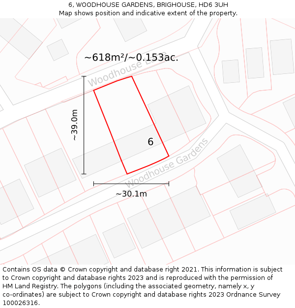 6, WOODHOUSE GARDENS, BRIGHOUSE, HD6 3UH: Plot and title map