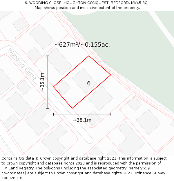 6, WOODING CLOSE, HOUGHTON CONQUEST, BEDFORD, MK45 3QL: Plot and title map