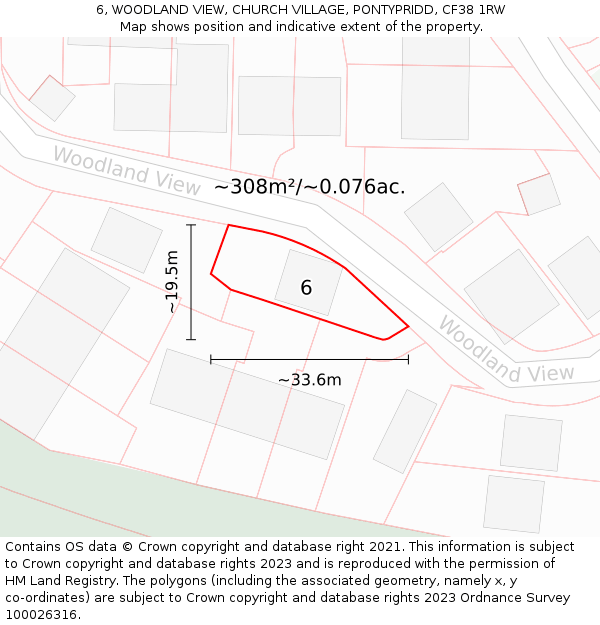 6, WOODLAND VIEW, CHURCH VILLAGE, PONTYPRIDD, CF38 1RW: Plot and title map