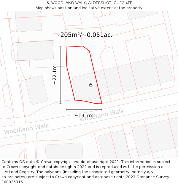 6, WOODLAND WALK, ALDERSHOT, GU12 4FE: Plot and title map