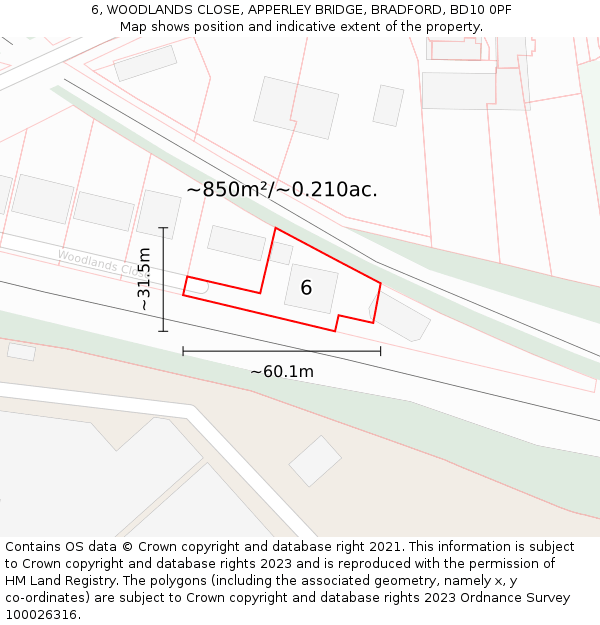 6, WOODLANDS CLOSE, APPERLEY BRIDGE, BRADFORD, BD10 0PF: Plot and title map