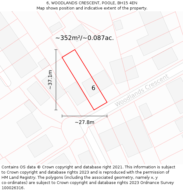 6, WOODLANDS CRESCENT, POOLE, BH15 4EN: Plot and title map