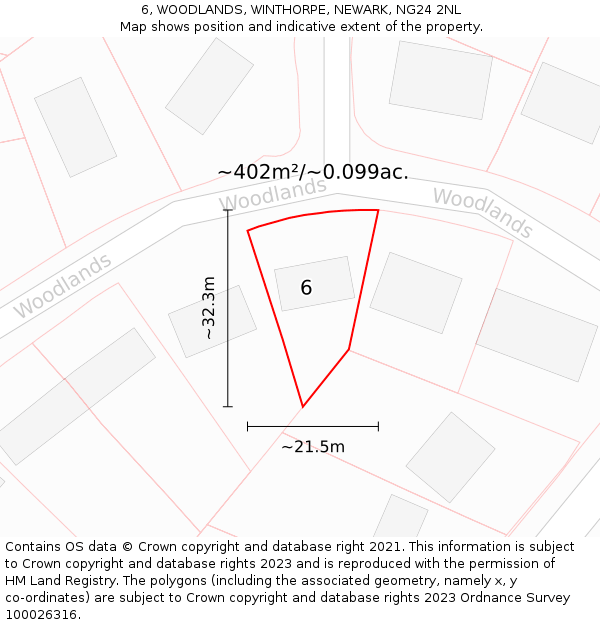 6, WOODLANDS, WINTHORPE, NEWARK, NG24 2NL: Plot and title map