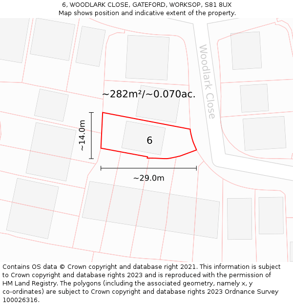 6, WOODLARK CLOSE, GATEFORD, WORKSOP, S81 8UX: Plot and title map